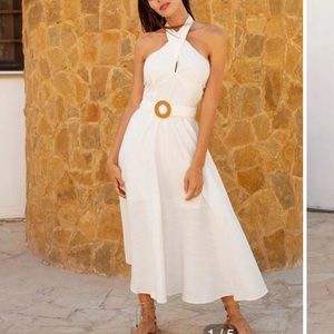 White cotton crisscross halter midi dress